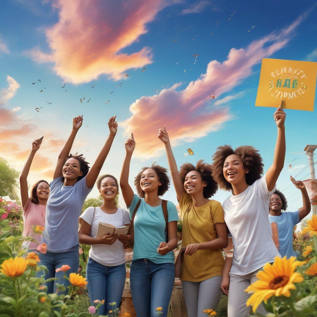 A vibrant community scene depicting a diverse group of young people engaged in a local initiative, such as a community garden or tutoring session. Include smiling faces, hands joining together, and symbols of empowerment like books and plants. Surrounding them, colorful banners showcasing positive messages of connection and empowerment. A bright, hopeful sky in the background symbolizes a new future. super-realistic. vibrant colors. 3D.