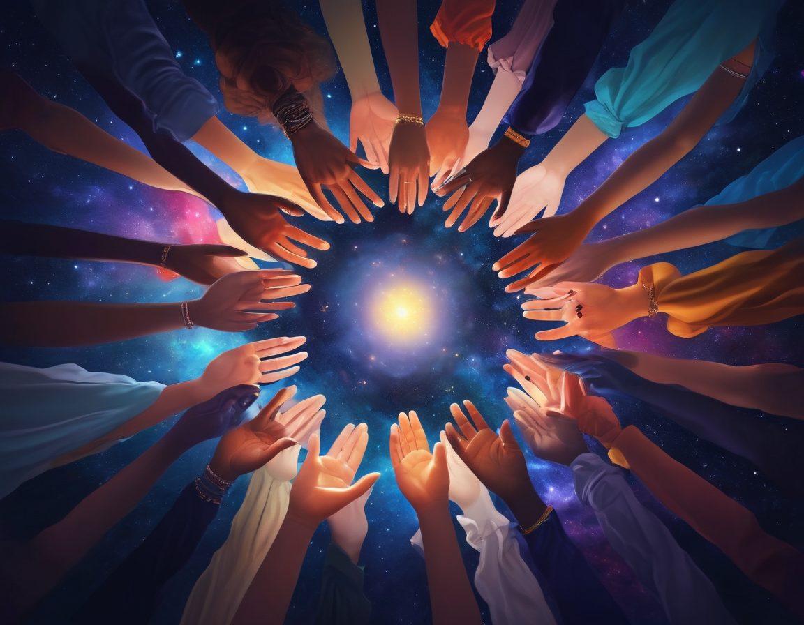 A group of diverse young people standing together in a circle, holding hands, with warm light radiating from the center of their connection, symbolizing unity and support. Surrounding them are soft, colorful abstract shapes representing emotional wellness. The background features a dark, starry sky, emphasizing the theme of finding light in darkness. 3D. vibrant colors. soft focus.