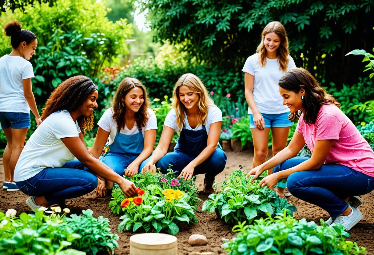 A vibrant, diverse group of young people engaged in a collaborative activity, such as a community garden or mural painting, showcasing support and togetherness. Soft sunlight filters through trees, highlighting their smiles and the sense of camaraderie among them. Include elements of nature and mental wellness symbols like hearts or peace signs subtly integrated into the scene. super-realistic. vibrant colors. warm atmosphere.